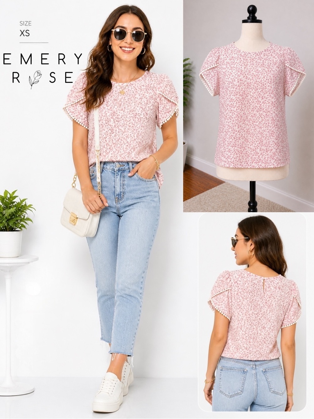 Emery Rose | NWOT Pink Ditsy Floral Blouse Pom Trim Anthro Style Top (XS/S)
